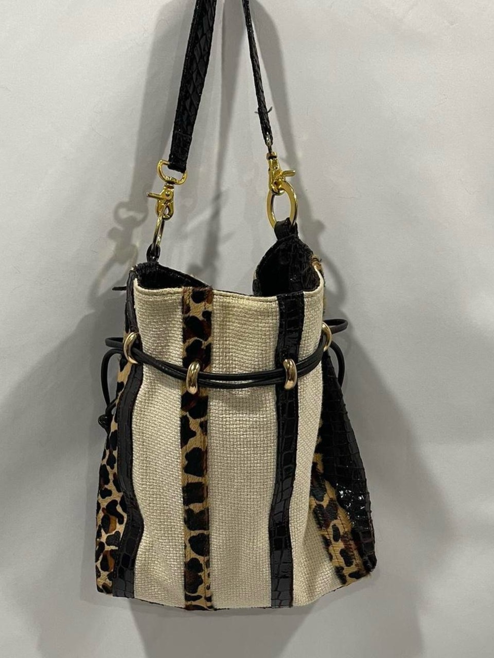 Woven Canvas & Leopard Accent Bucket Bag in Cream and Black